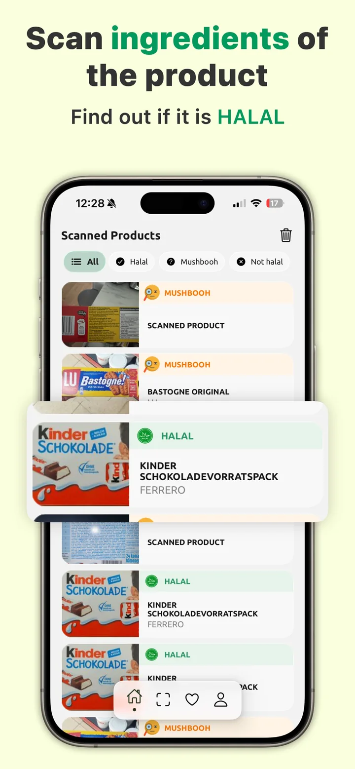 Scan history in Halal Scanner, filtered into halal, mushbooh, and not-halal products