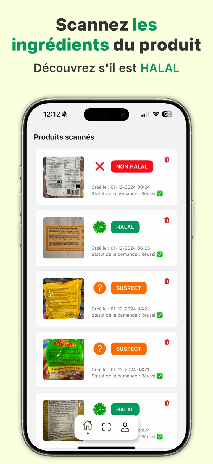 Historique des scans dans Halal Scanner, filtré entre produits halal, douteux et non halal